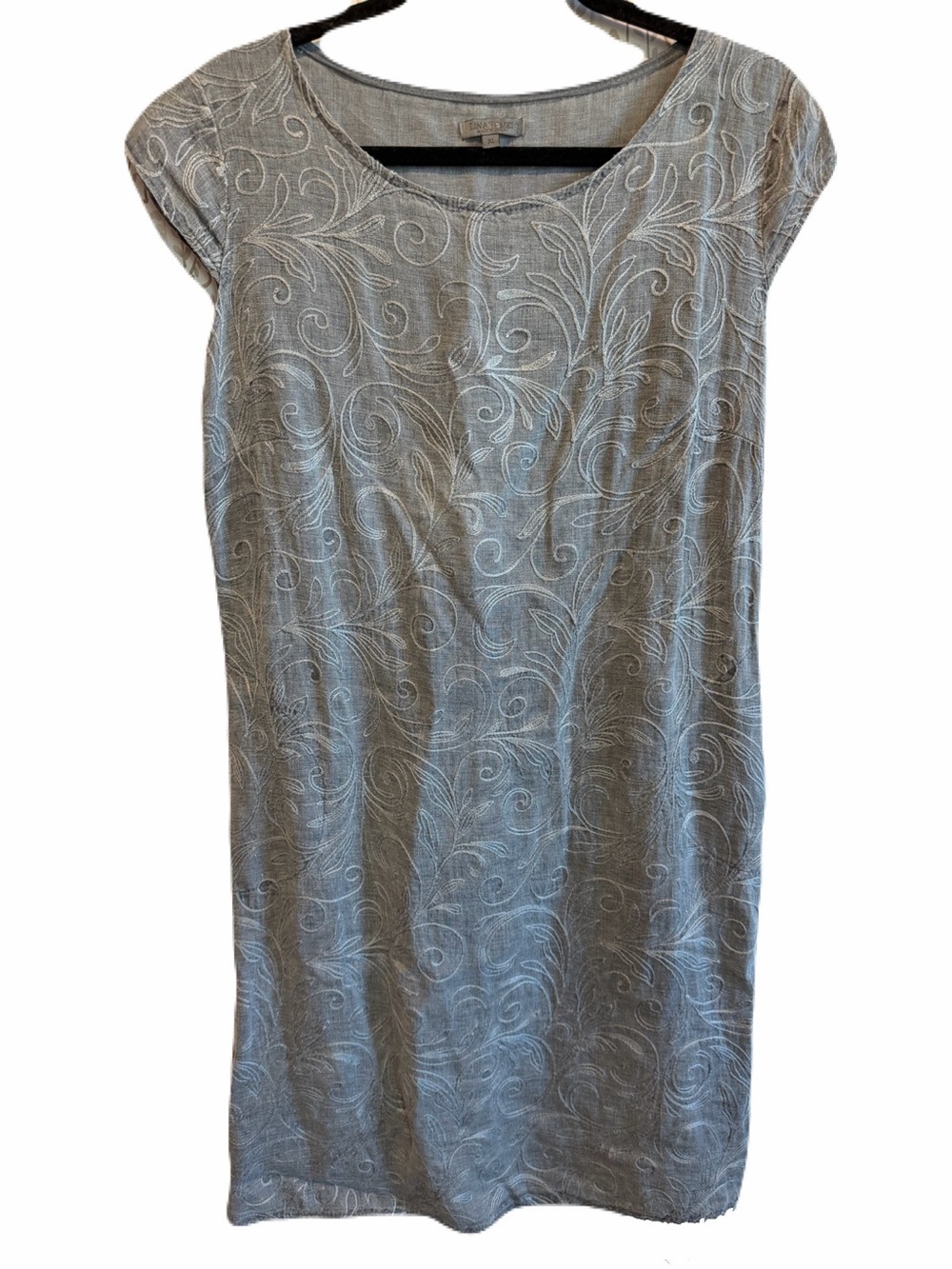 Lina Tomei XL 100% Linen Dress Blue Embroidered